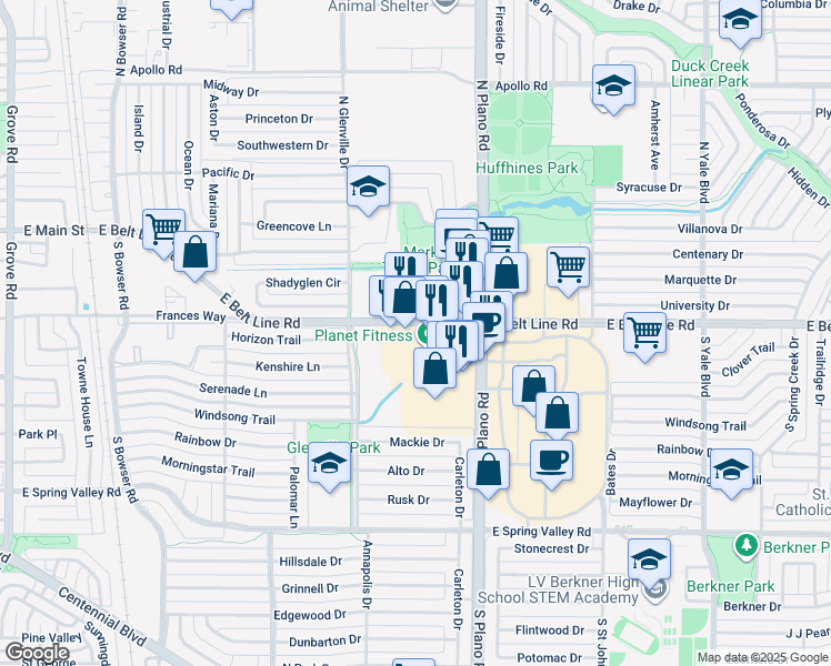 map of restaurants, bars, coffee shops, grocery stores, and more near 1306 East Belt Line Road in Richardson