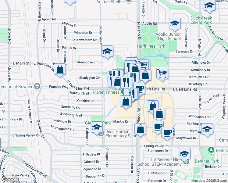 map of restaurants, bars, coffee shops, grocery stores, and more near 1220 East Belt Line Road in Richardson