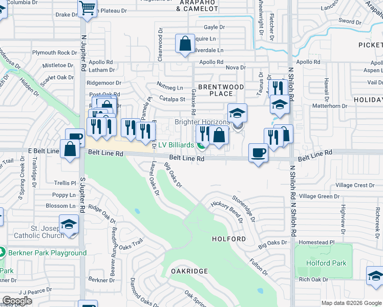 map of restaurants, bars, coffee shops, grocery stores, and more near 3002 Belt Line Road in Garland