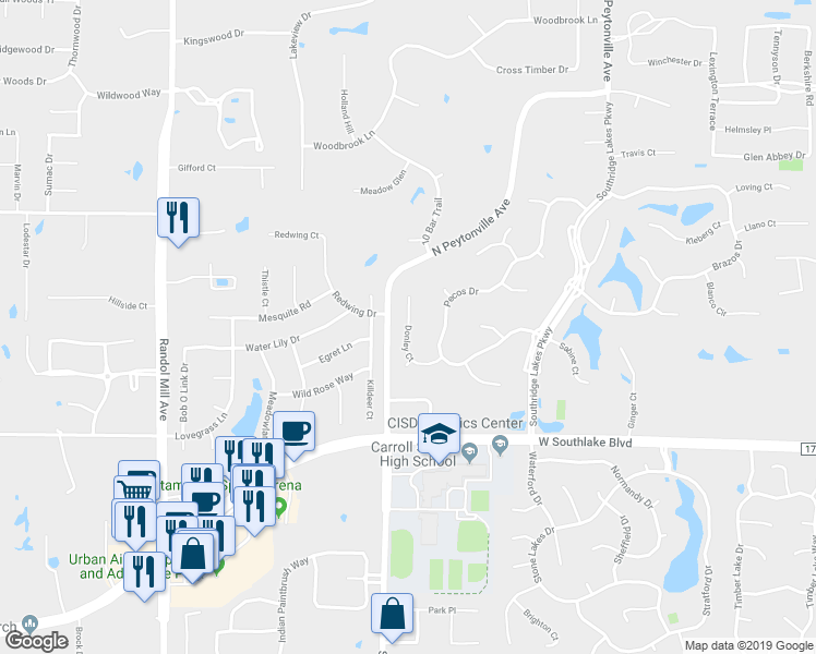 map of restaurants, bars, coffee shops, grocery stores, and more near 304 Donley Court in Southlake