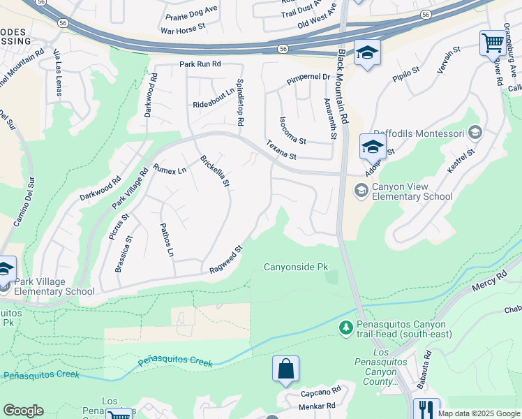 map of restaurants, bars, coffee shops, grocery stores, and more near 12575 Ragweed Street in San Diego