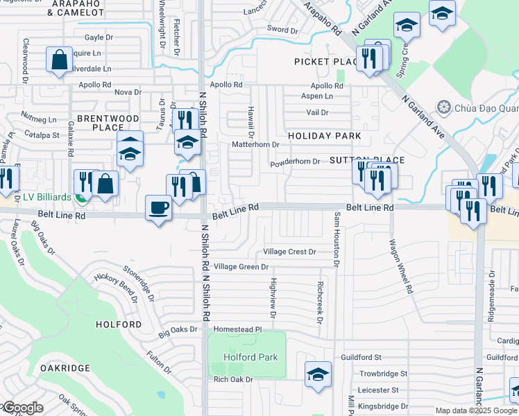 map of restaurants, bars, coffee shops, grocery stores, and more near in Garland