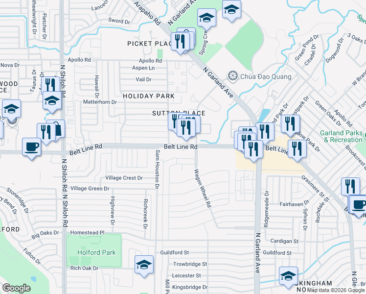 map of restaurants, bars, coffee shops, grocery stores, and more near 1816 Belt Line Road in Garland