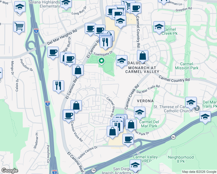 map of restaurants, bars, coffee shops, grocery stores, and more near 4075 Carmel View Road in San Diego