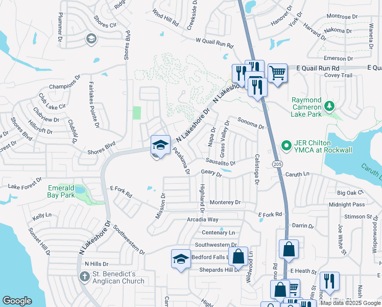 map of restaurants, bars, coffee shops, grocery stores, and more near 1343 Ventura Drive in Rockwall