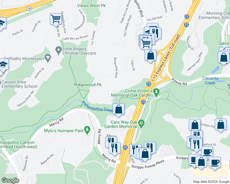map of restaurants, bars, coffee shops, grocery stores, and more near 9645 Paseo Montril in San Diego