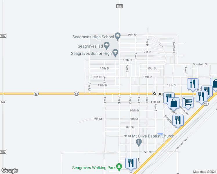 map of restaurants, bars, coffee shops, grocery stores, and more near 1101-1127 12th Street in Seagraves