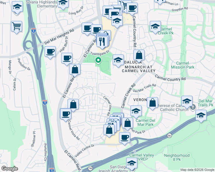 map of restaurants, bars, coffee shops, grocery stores, and more near 4019 Carmel View Road in San Diego