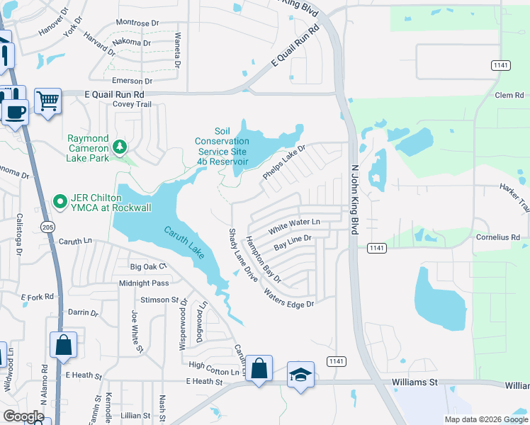 map of restaurants, bars, coffee shops, grocery stores, and more near 1314 White Water Lane in Rockwall