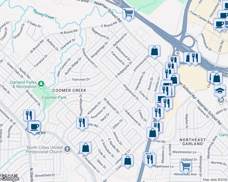 map of restaurants, bars, coffee shops, grocery stores, and more near 2606 Princewood Drive in Garland