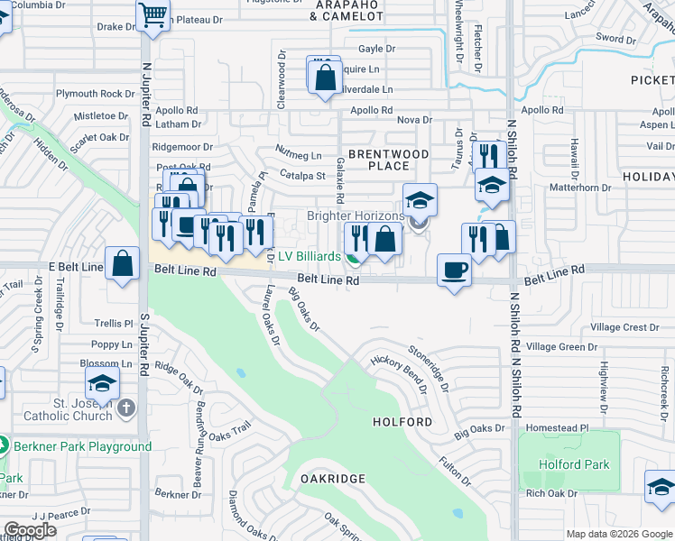 map of restaurants, bars, coffee shops, grocery stores, and more near 3002 Belt Line Road in Garland