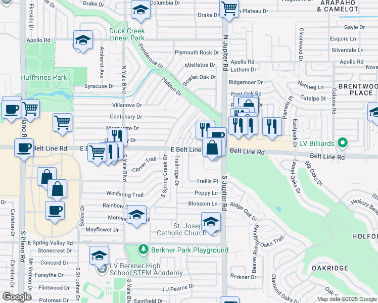 map of restaurants, bars, coffee shops, grocery stores, and more near 129-139 Trellis Place in Richardson