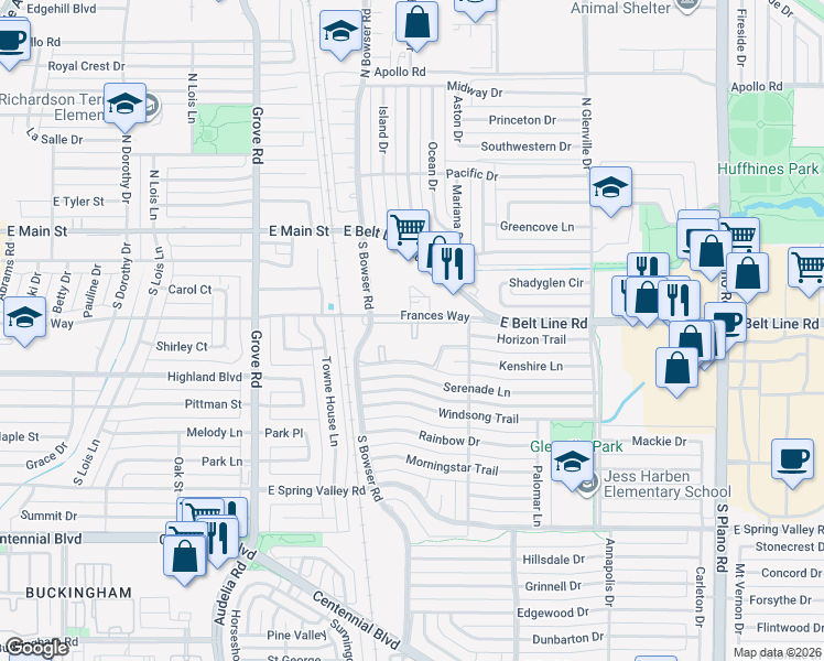 map of restaurants, bars, coffee shops, grocery stores, and more near 900 Frances Way in Richardson