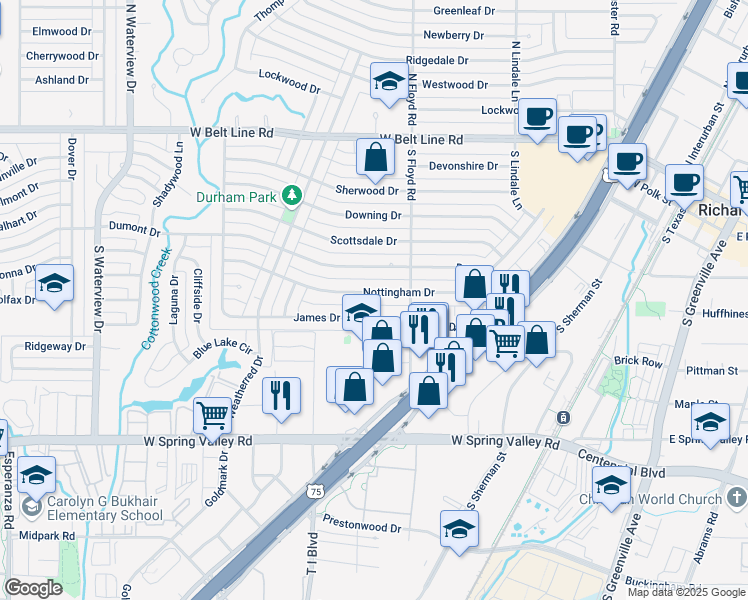 map of restaurants, bars, coffee shops, grocery stores, and more near 712 James Drive in Richardson