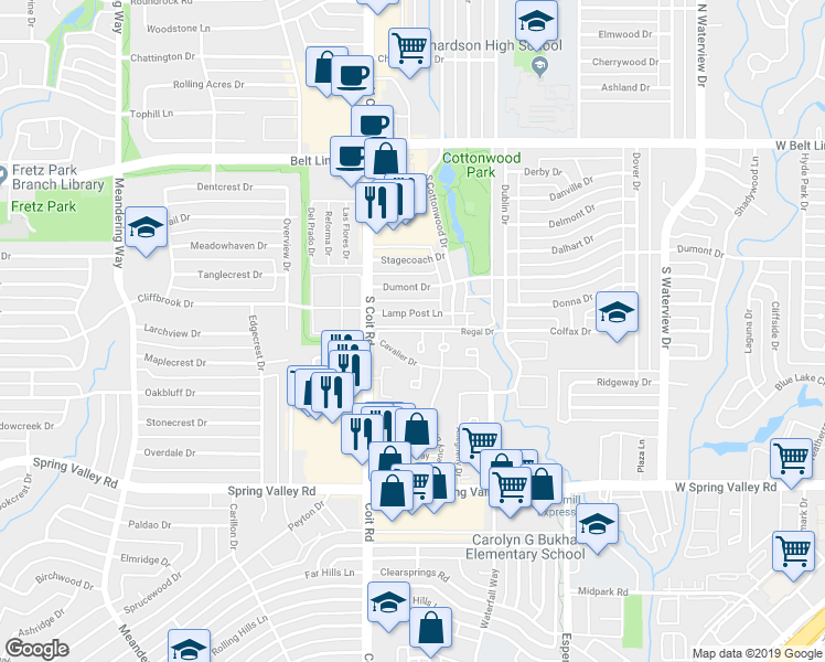 map of restaurants, bars, coffee shops, grocery stores, and more near 1433 Regal Drive in Richardson