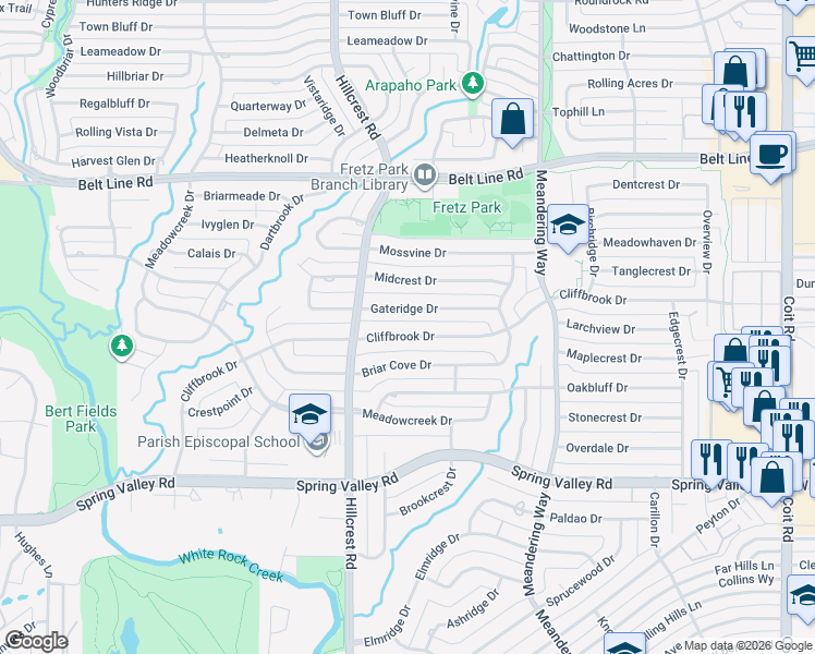 map of restaurants, bars, coffee shops, grocery stores, and more near 6940 Cliffbrook Drive in Dallas