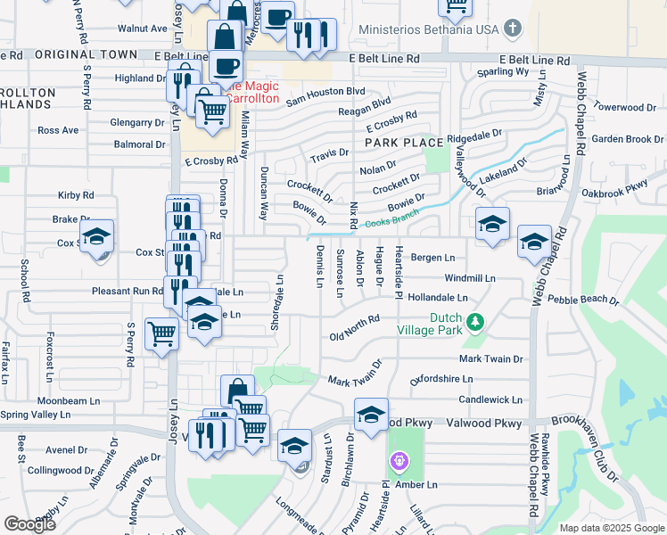 map of restaurants, bars, coffee shops, grocery stores, and more near 14434 Sunrose Lane in Farmers Branch