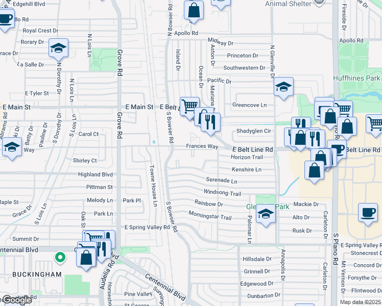 map of restaurants, bars, coffee shops, grocery stores, and more near 900 Frances Way in Richardson