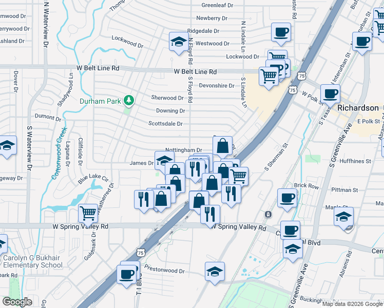 map of restaurants, bars, coffee shops, grocery stores, and more near 700 James Drive in Richardson