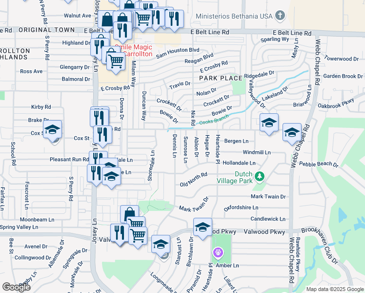 map of restaurants, bars, coffee shops, grocery stores, and more near 14434 Sunrose Lane in Farmers Branch