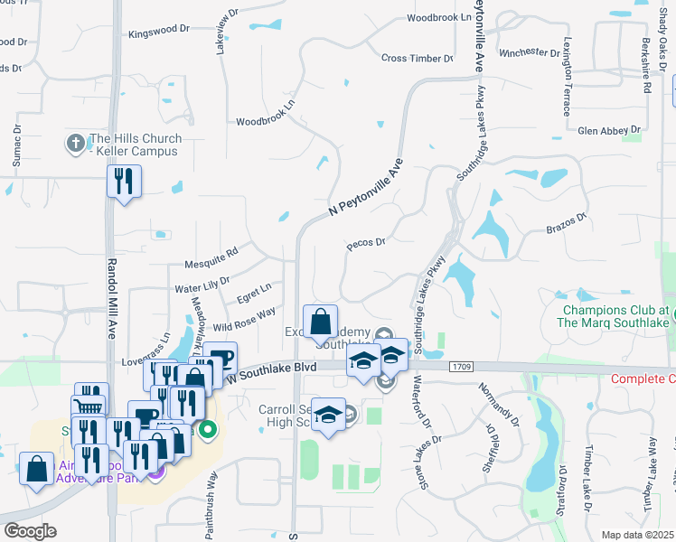 map of restaurants, bars, coffee shops, grocery stores, and more near 1404 Pecos Drive in Southlake