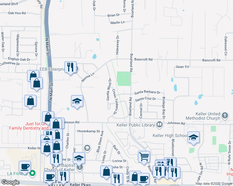 map of restaurants, bars, coffee shops, grocery stores, and more near 811 Cross Timbers Drive in Keller