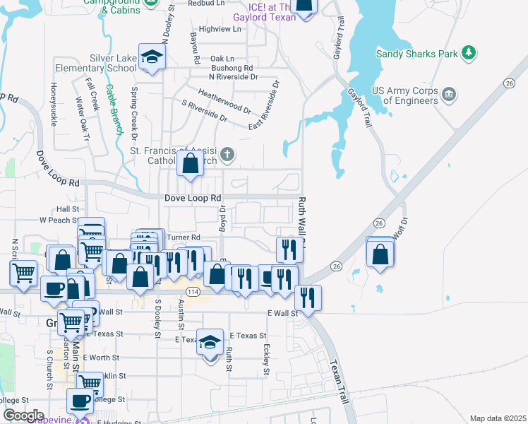 map of restaurants, bars, coffee shops, grocery stores, and more near 820 Dove Loop Road in Grapevine