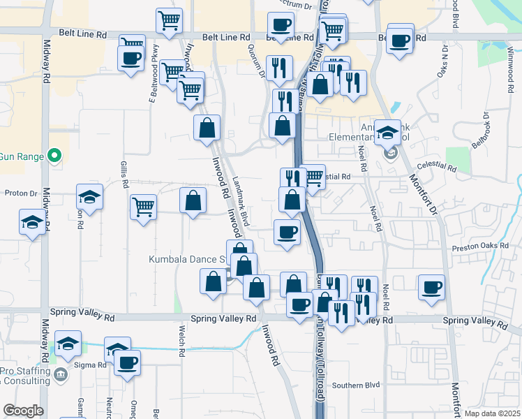map of restaurants, bars, coffee shops, grocery stores, and more near 14651 Dallas Parkway in Dallas
