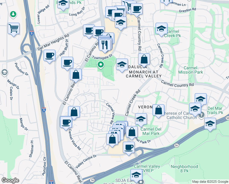 map of restaurants, bars, coffee shops, grocery stores, and more near 4049 Carmel View Road in San Diego