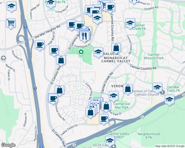 map of restaurants, bars, coffee shops, grocery stores, and more near 4035 Carmel View Road in San Diego