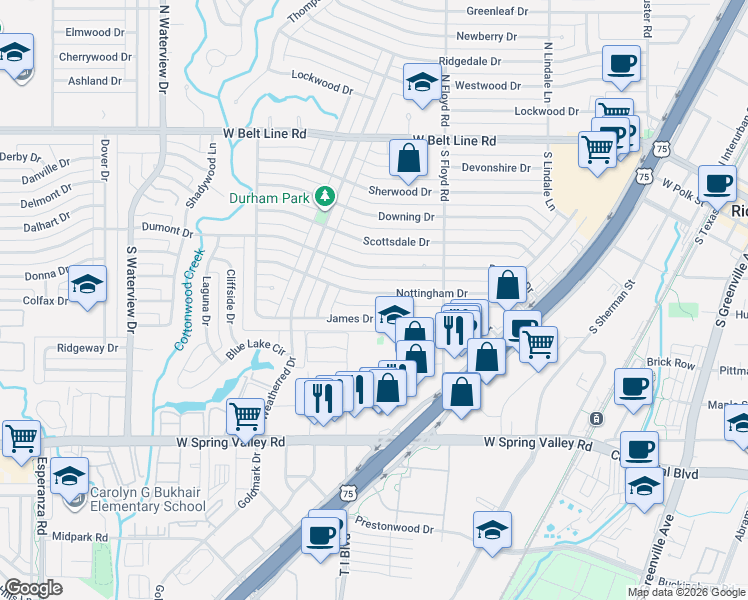 map of restaurants, bars, coffee shops, grocery stores, and more near 729 James Drive in Richardson