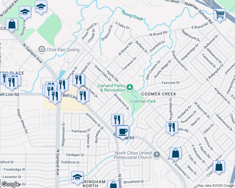 map of restaurants, bars, coffee shops, grocery stores, and more near 822 Century Park Drive in Garland