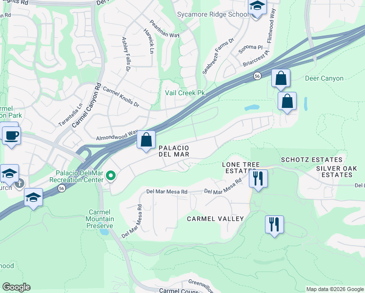 map of restaurants, bars, coffee shops, grocery stores, and more near 5266 Caminito Vista Lujo in San Diego