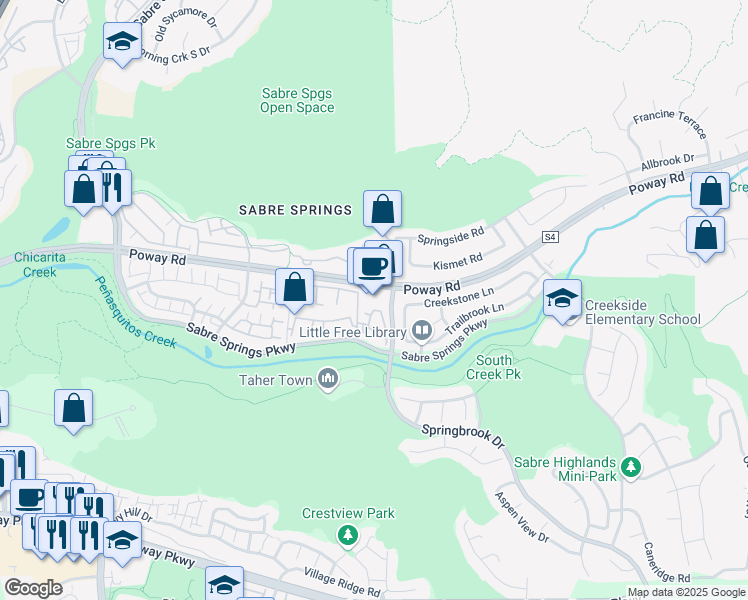 map of restaurants, bars, coffee shops, grocery stores, and more near 11385 Poway Road in San Diego