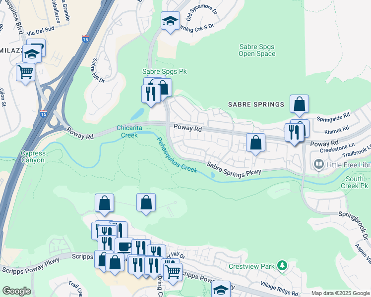 map of restaurants, bars, coffee shops, grocery stores, and more near 10949 Creekbridge Place in San Diego