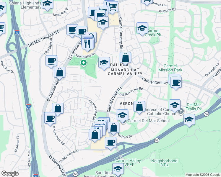 map of restaurants, bars, coffee shops, grocery stores, and more near 12590 Carmel Creek Road in San Diego