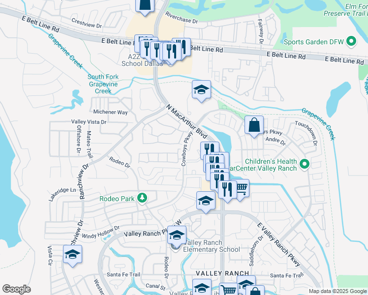 map of restaurants, bars, coffee shops, grocery stores, and more near 733 Cowboys Parkway in Irving