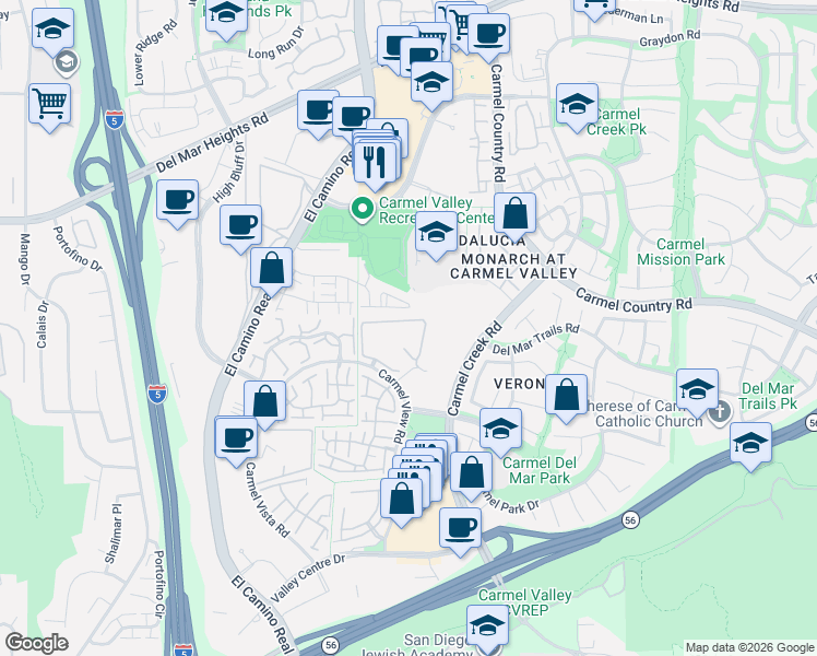 map of restaurants, bars, coffee shops, grocery stores, and more near 4019 Carmel View Road in San Diego