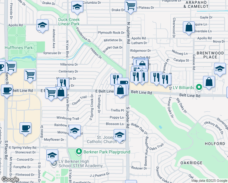 map of restaurants, bars, coffee shops, grocery stores, and more near 2120 East Belt Line Road in Richardson