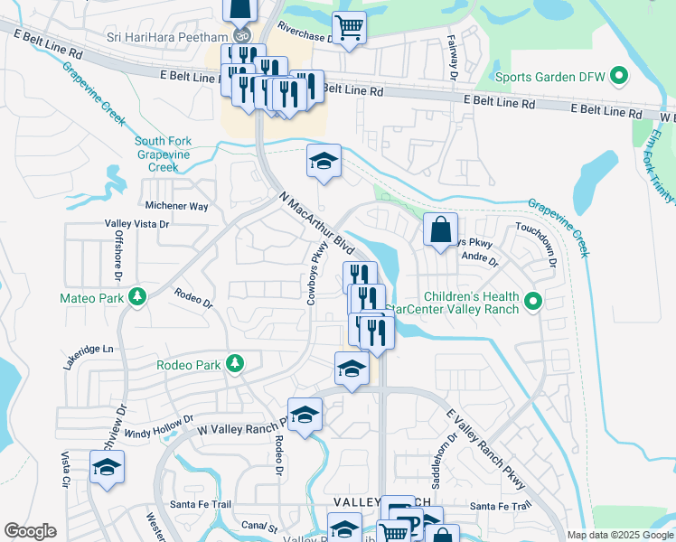 map of restaurants, bars, coffee shops, grocery stores, and more near 10425 North MacArthur Boulevard in Irving