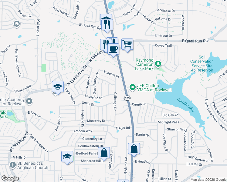 map of restaurants, bars, coffee shops, grocery stores, and more near 1371 Calistoga Drive in Rockwall