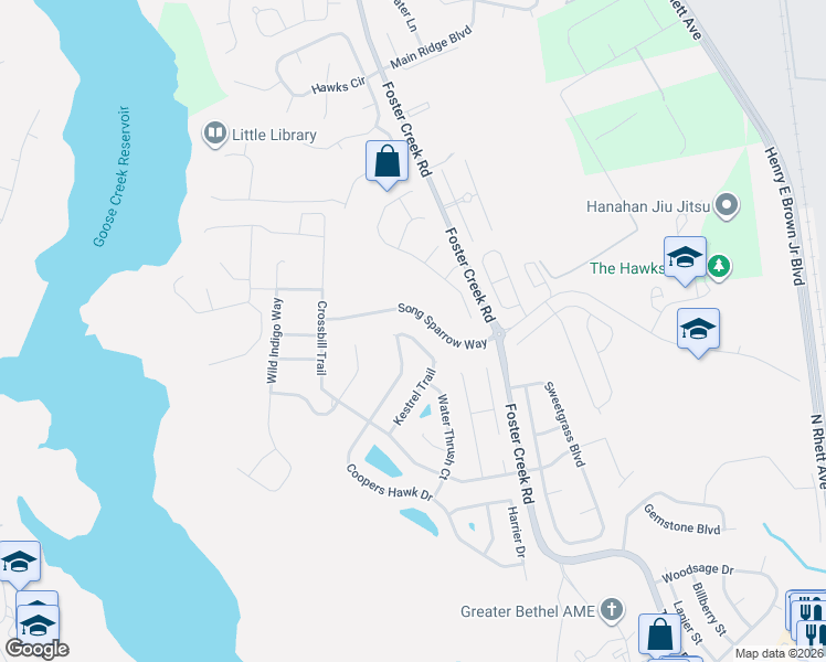 map of restaurants, bars, coffee shops, grocery stores, and more near 7325 Coopers Hawk Drive in Hanahan