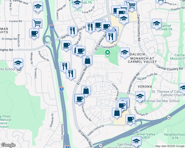 map of restaurants, bars, coffee shops, grocery stores, and more near 3545 Caminito El Rincon in San Diego