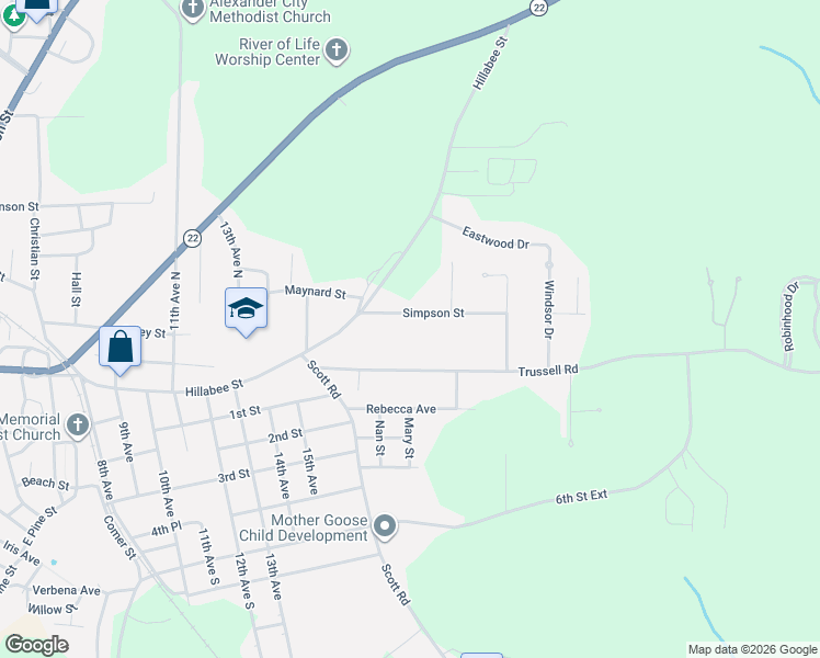map of restaurants, bars, coffee shops, grocery stores, and more near 1745 Trussell Road in Alexander City