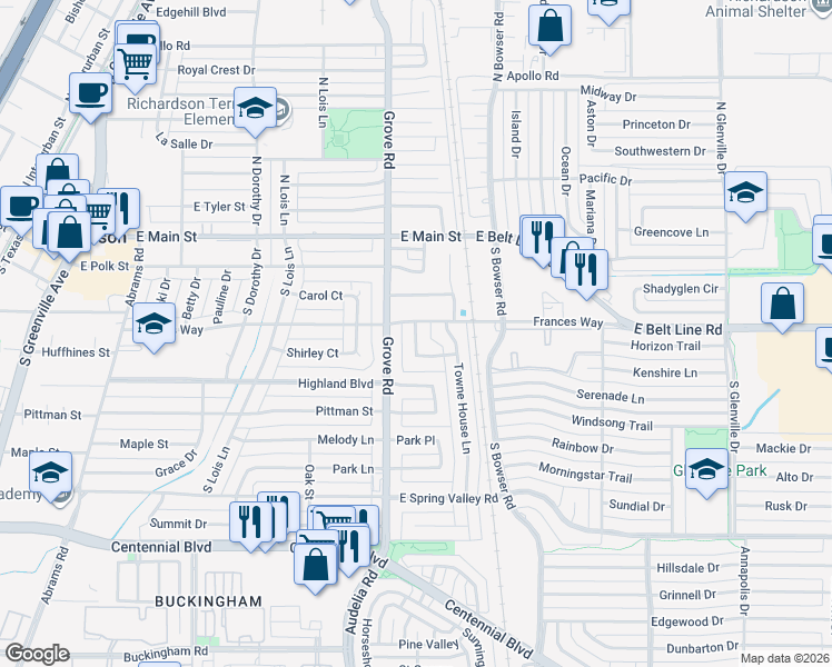 map of restaurants, bars, coffee shops, grocery stores, and more near 316 Candlewood Place in Richardson