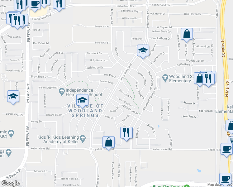 map of restaurants, bars, coffee shops, grocery stores, and more near 5205 Rush Creek Court in Fort Worth