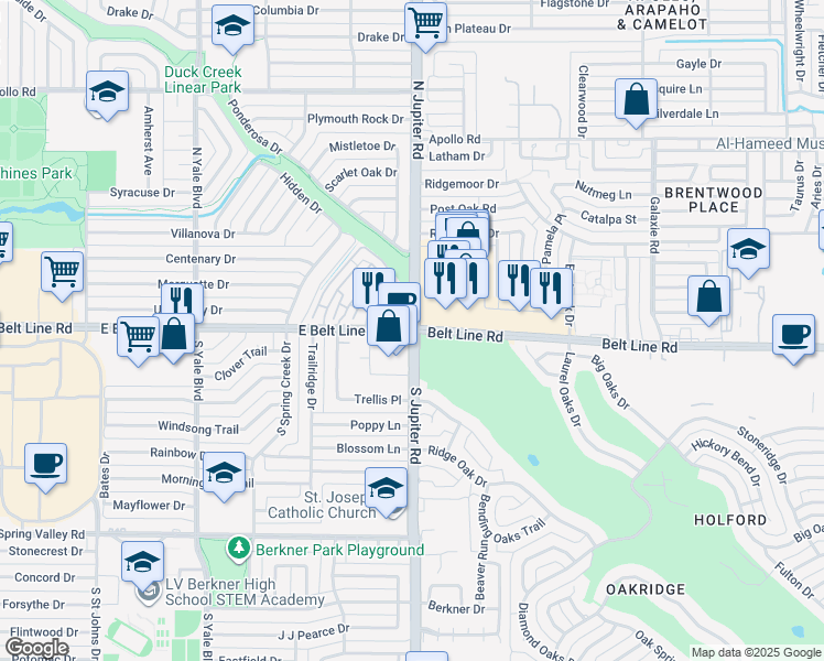 map of restaurants, bars, coffee shops, grocery stores, and more near 2804 East Belt Line Road in Richardson