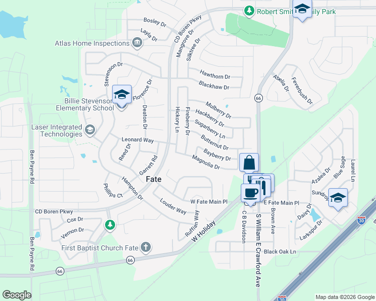 map of restaurants, bars, coffee shops, grocery stores, and more near 406 Fireberry Drive in Fate