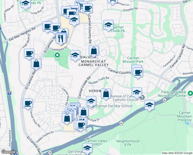 map of restaurants, bars, coffee shops, grocery stores, and more near 12542 San Bruno Cove in San Diego
