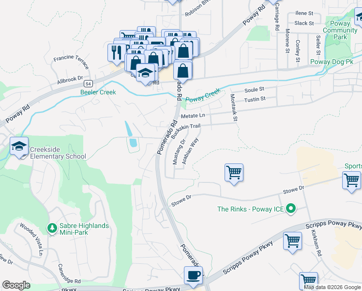 map of restaurants, bars, coffee shops, grocery stores, and more near 12314 Buckskin Trail in Poway